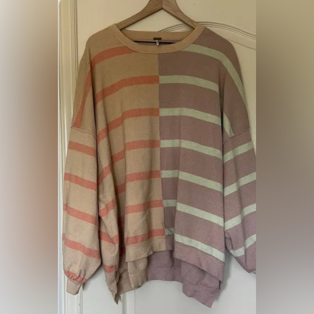 Free People Cream and Brown Crewneck Sweater